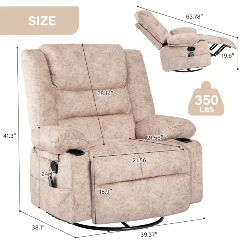 Beige Swivel Recliner Chair with Massage & Heat
