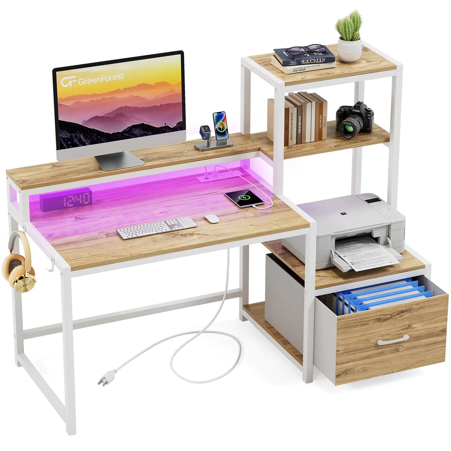 LED Office Desk with Printer Stand & Storage