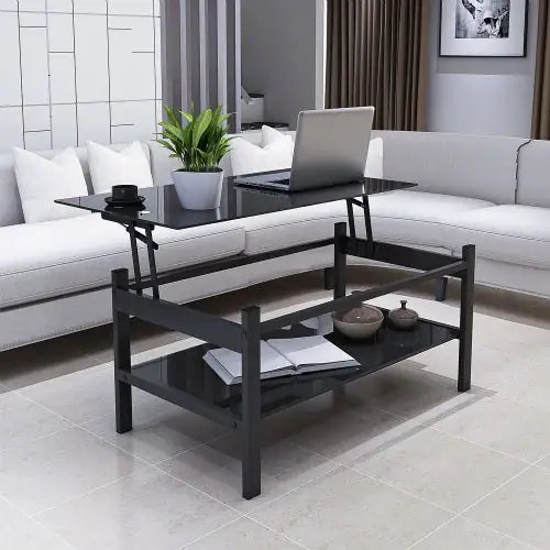 Modern Black Tempered Glass Lift-Top Coffee Table (2-Layer Design)