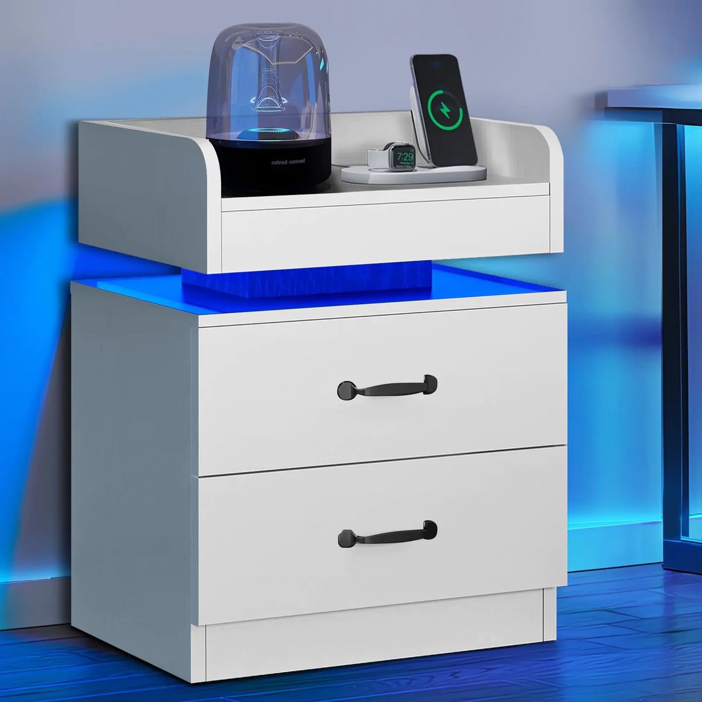 LED Nightstand with 2 Drawers &amp; Charging Station