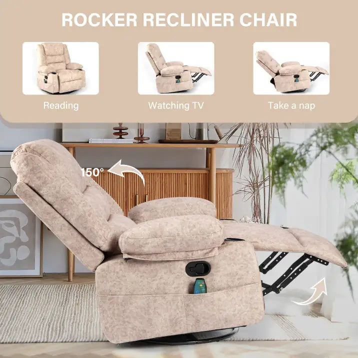 Beige Swivel Recliner Chair with Massage &amp; Heat