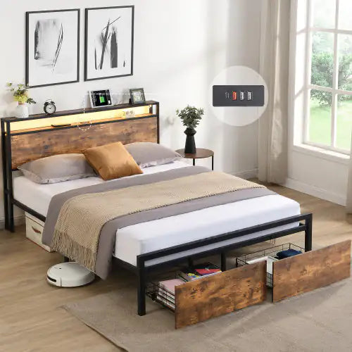 Queen Industrial Storage Bed with LED & Drawers