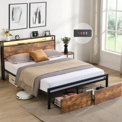 Queen Industrial Storage Bed with LED & Drawers