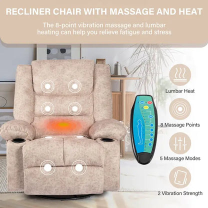 Beige Swivel Recliner Chair with Massage &amp; Heat