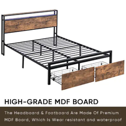 Queen Industrial Storage Bed with LED & Drawers