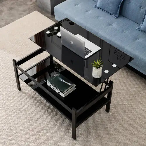 Modern Black Tempered Glass Lift-Top Coffee Table (2-Layer Design)