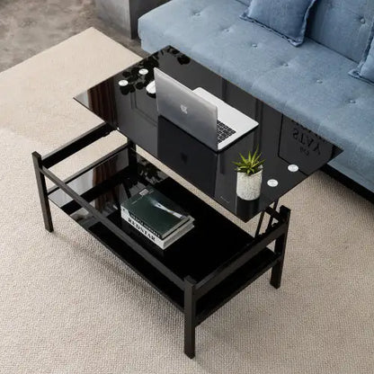 Modern Black Tempered Glass Lift-Top Coffee Table (2-Layer Design)