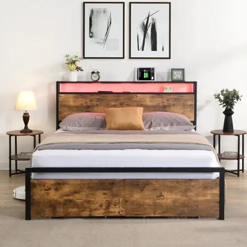Queen Industrial Storage Bed with LED & Drawers