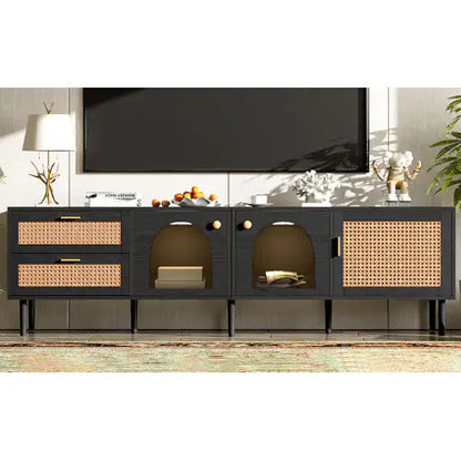Modern Rattan TV Stand with LED Lights (Fits TVs up to 80")