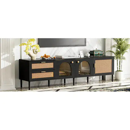 Modern Rattan TV Stand with LED Lights (Fits TVs up to 80")