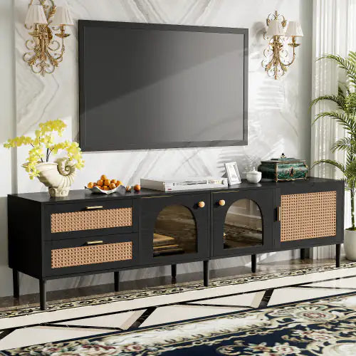 Modern Rattan TV Stand with LED Lights (Fits TVs up to 80")