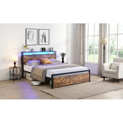 Queen Industrial Storage Bed with LED & Drawers