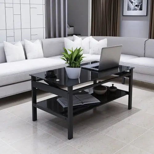 Modern Black Tempered Glass Lift-Top Coffee Table (2-Layer Design)