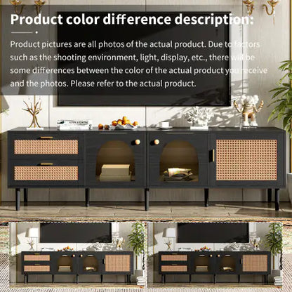 Modern Rattan TV Stand with LED Lights (Fits TVs up to 80")