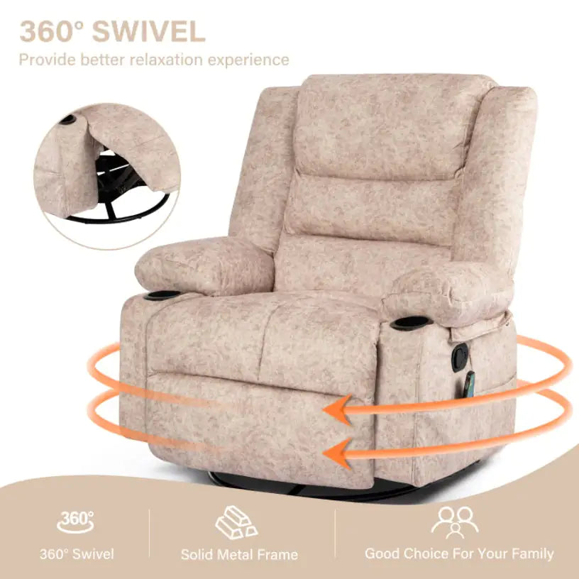 Beige Swivel Recliner Chair with Massage &amp; Heat