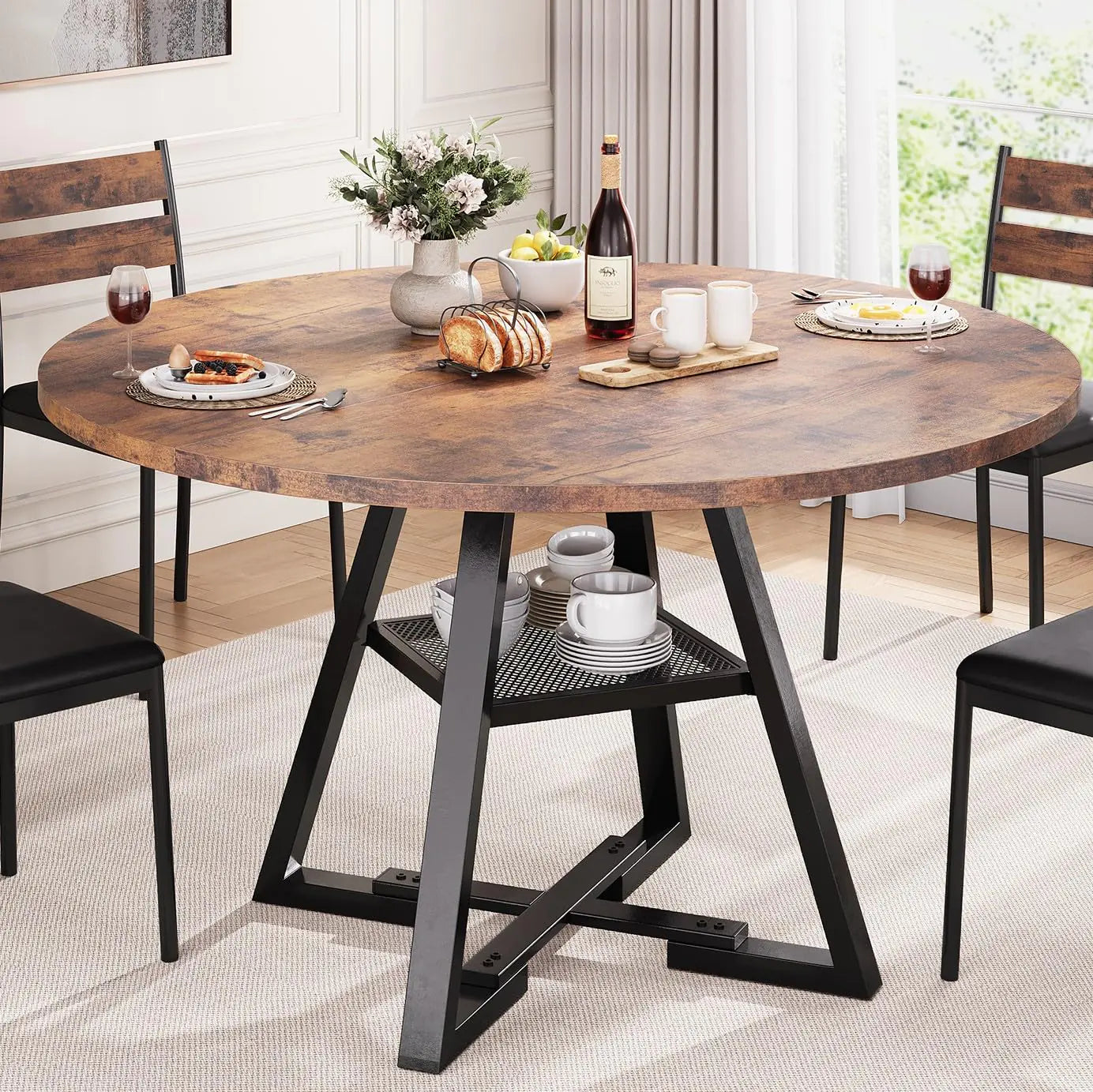 47" Round Industrial Dining Table with Storage Shelf