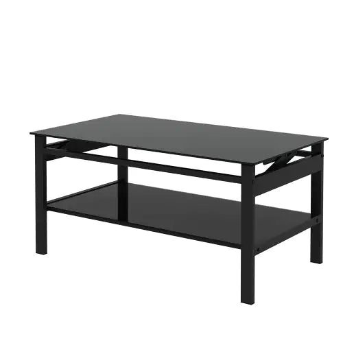 Modern Black Tempered Glass Lift-Top Coffee Table (2-Layer Design)