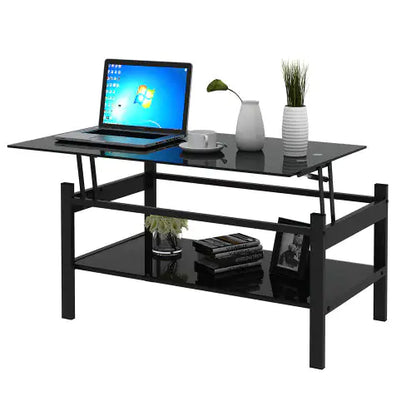 Modern Black Tempered Glass Lift-Top Coffee Table (2-Layer Design)